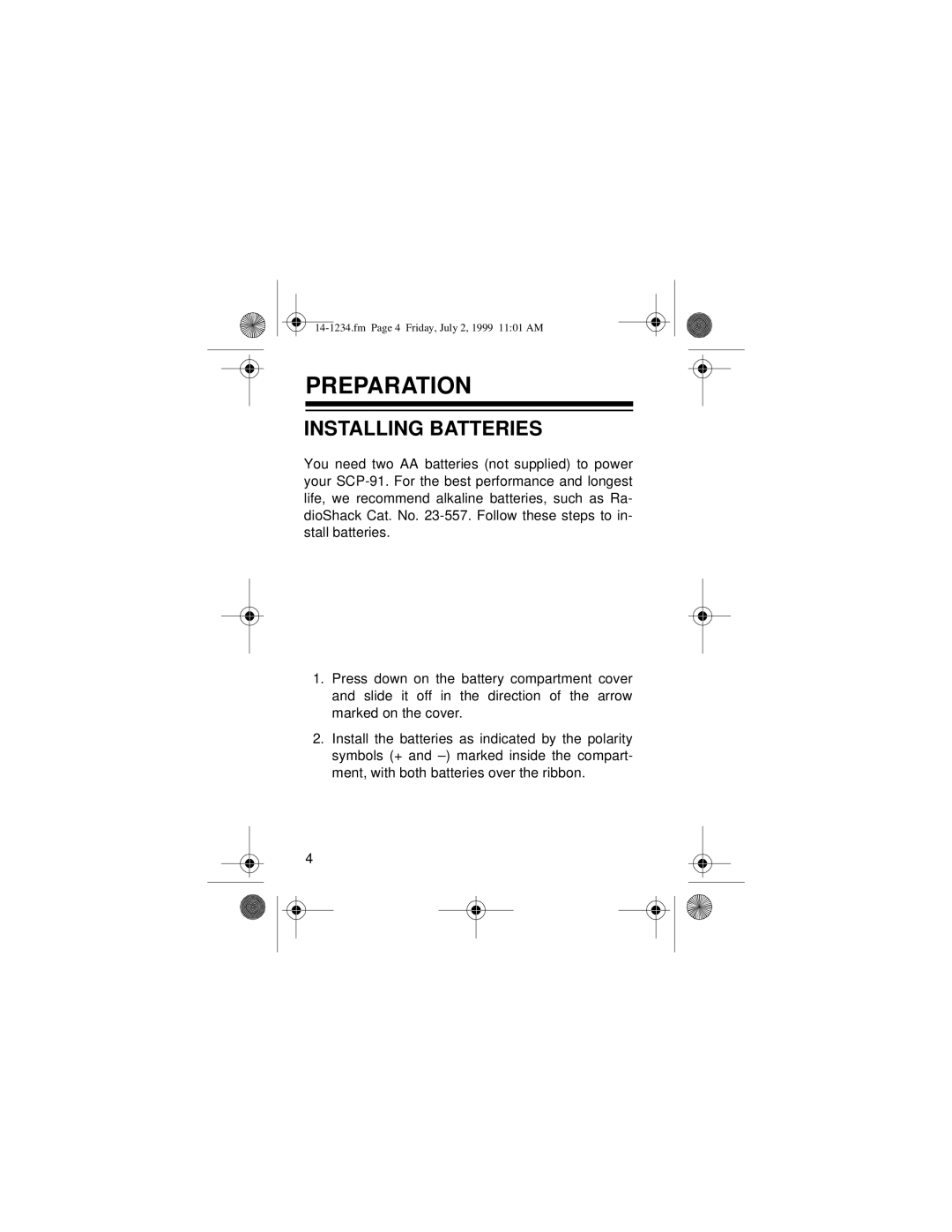 Optimus SCP-91 owner manual Preparation, Installing Batteries 