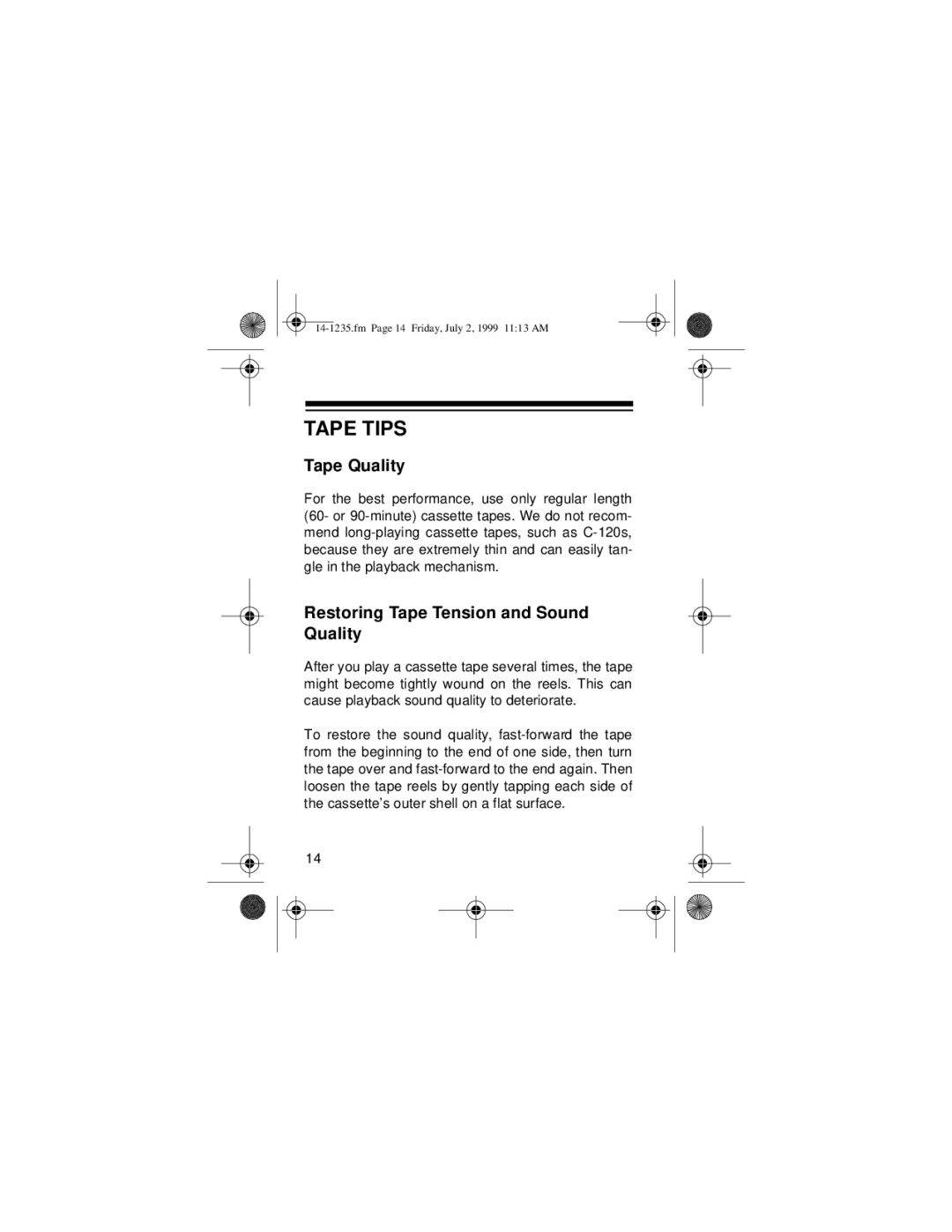 Optimus SCP-92 owner manual Tape Tips, Tape Quality, Restoring Tape Tension and Sound Quality 