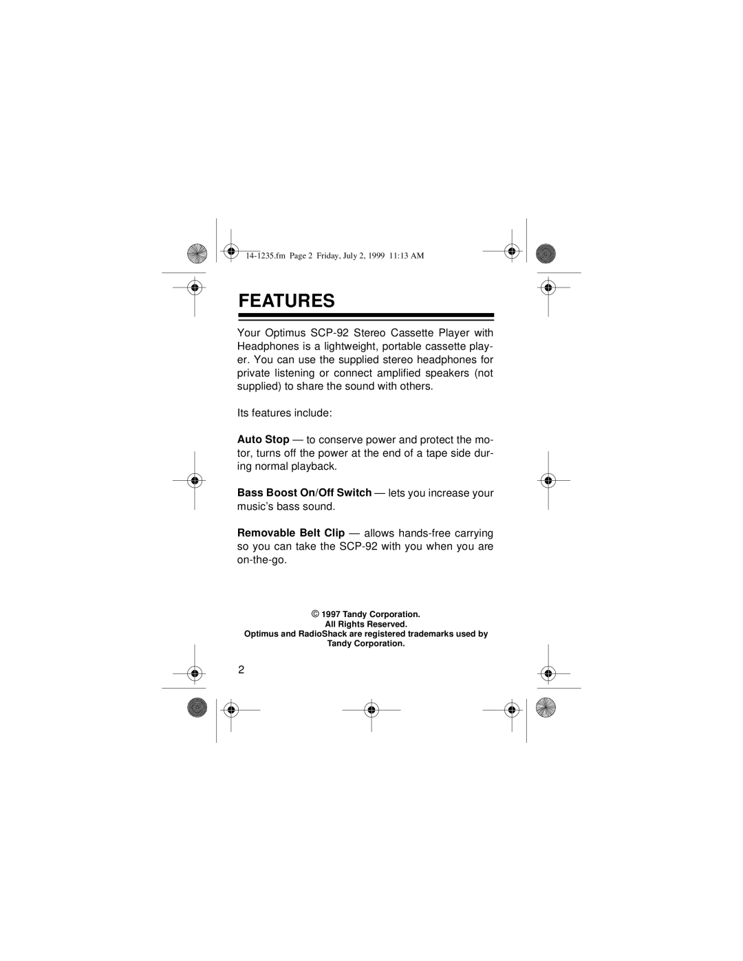 Optimus SCP-92 owner manual Features, Bass Boost On/Off Switch lets you increase your 