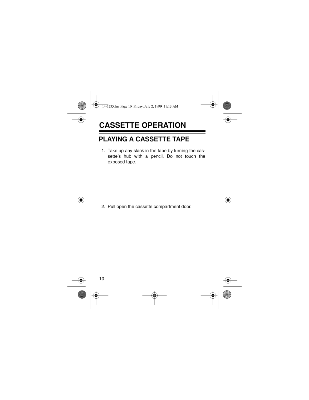 Optimus SCP-92 owner manual Cassette Operation, Playing A Cassette Tape, fmPage 10 Friday, July 2, 1999 11 13 AM 