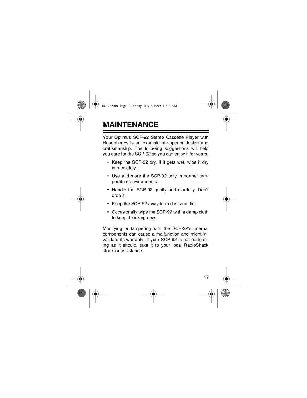 Optimus SCP-92 owner manual Maintenance 