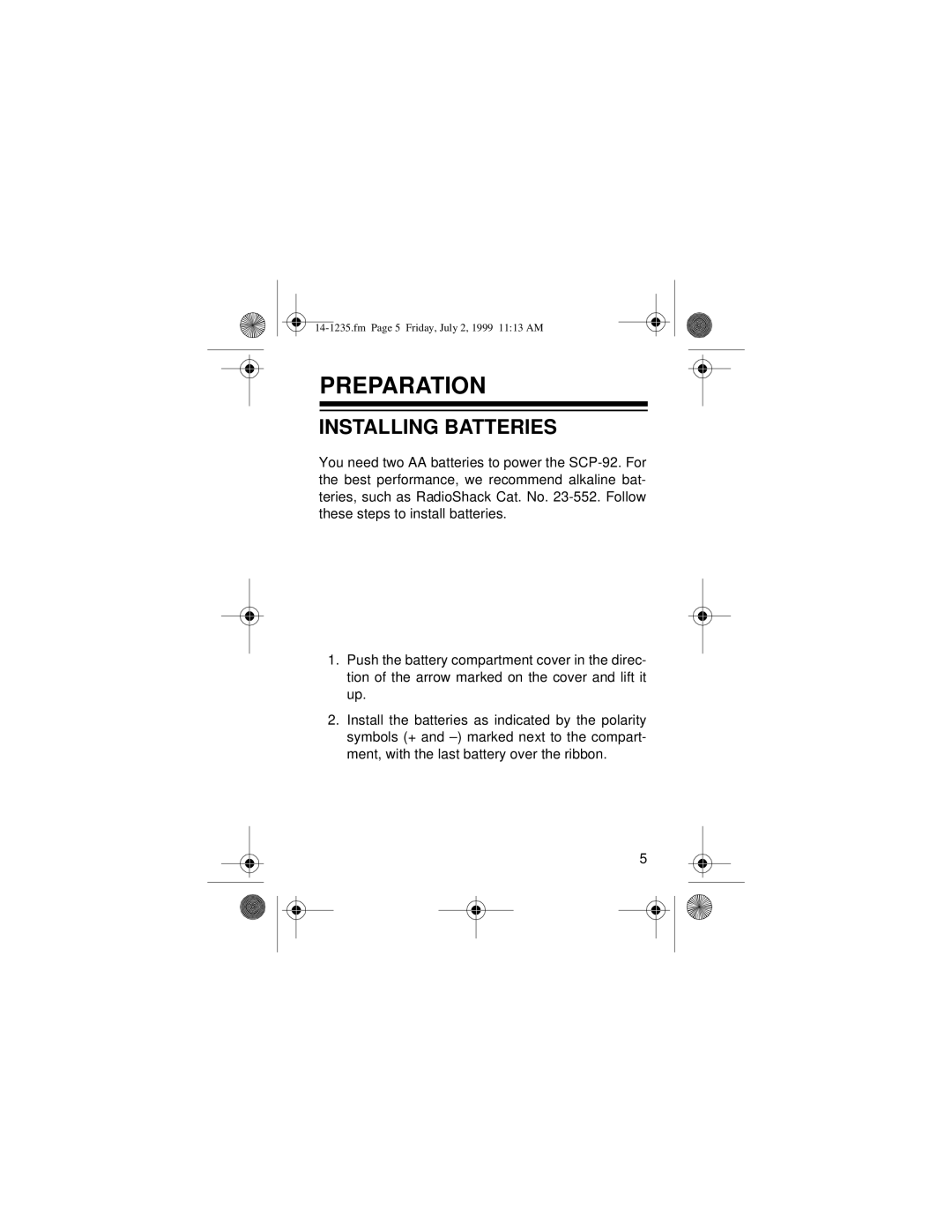 Optimus SCP-92 owner manual Preparation, Installing Batteries 