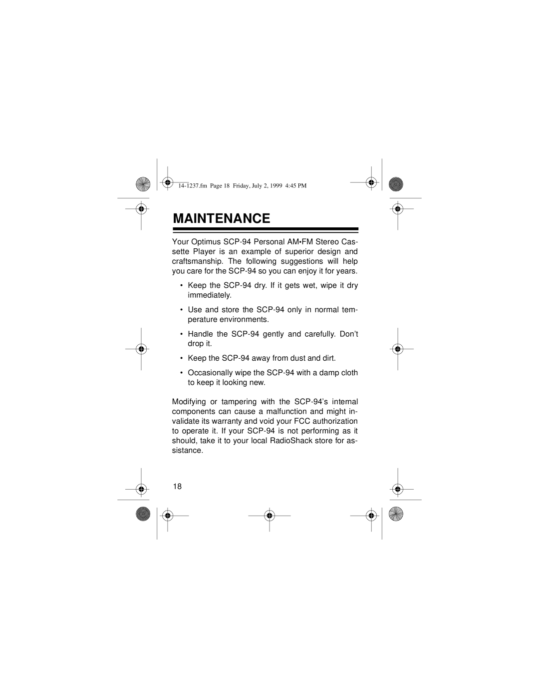 Optimus SCP-94 owner manual Maintenance 