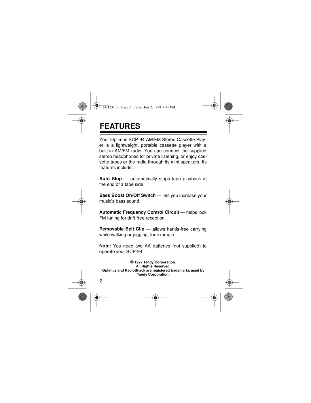 Optimus SCP-94 owner manual Features, Automatic Frequency Control Circuit helps lock 