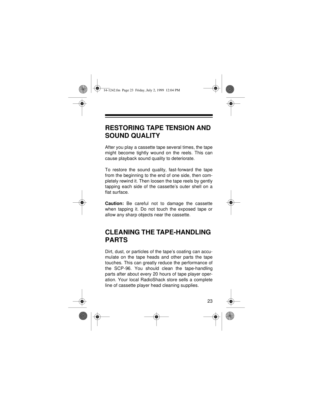 Optimus SCP-96 owner manual Restoring Tape Tension and Sound Quality, Cleaning the TAPE-HANDLING Parts 