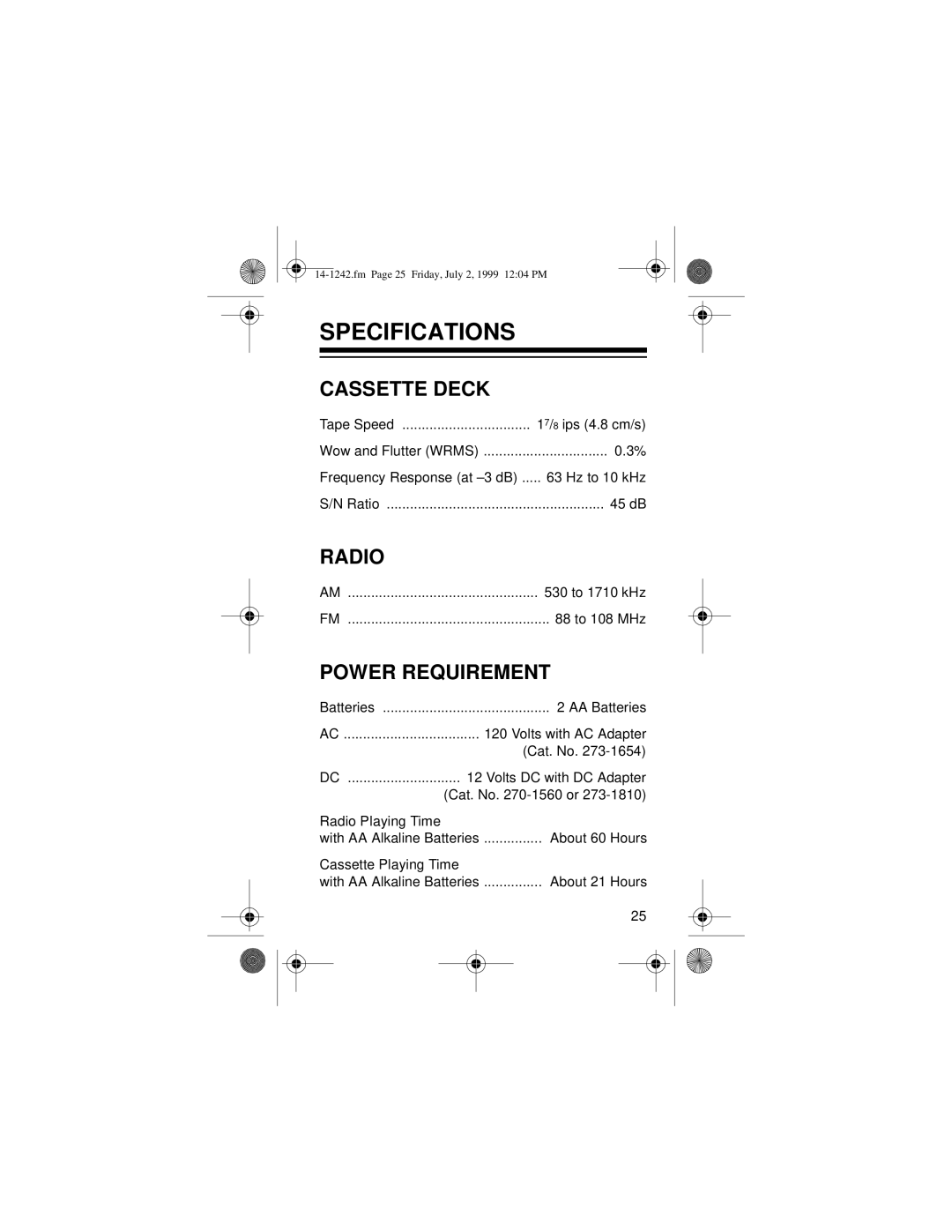 Optimus SCP-96 owner manual Specifications, Cassette Deck, Radio, Power Requirement 