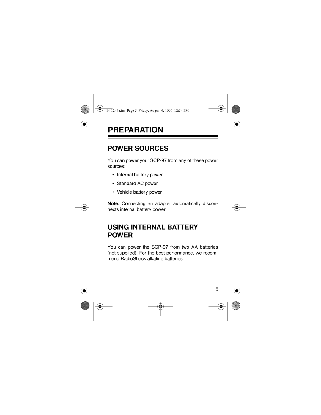 Optimus SCP-97 owner manual Preparation, Power Sources, Using Internal Battery Power 