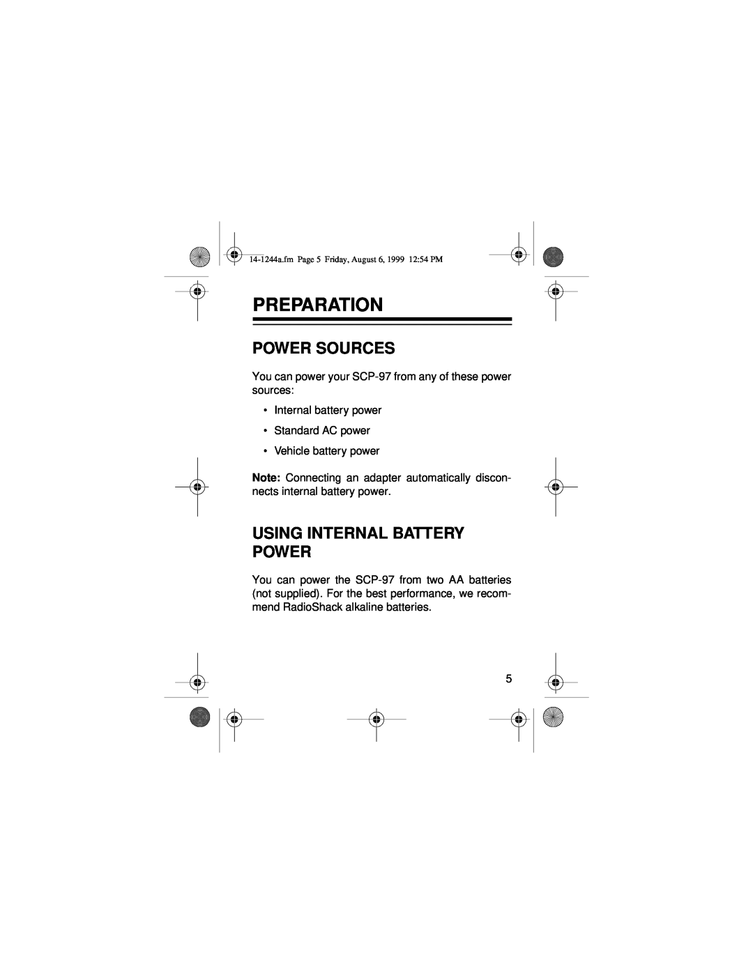 Optimus SCP-97 owner manual Preparation, Power Sources, Using Internal Battery Power 