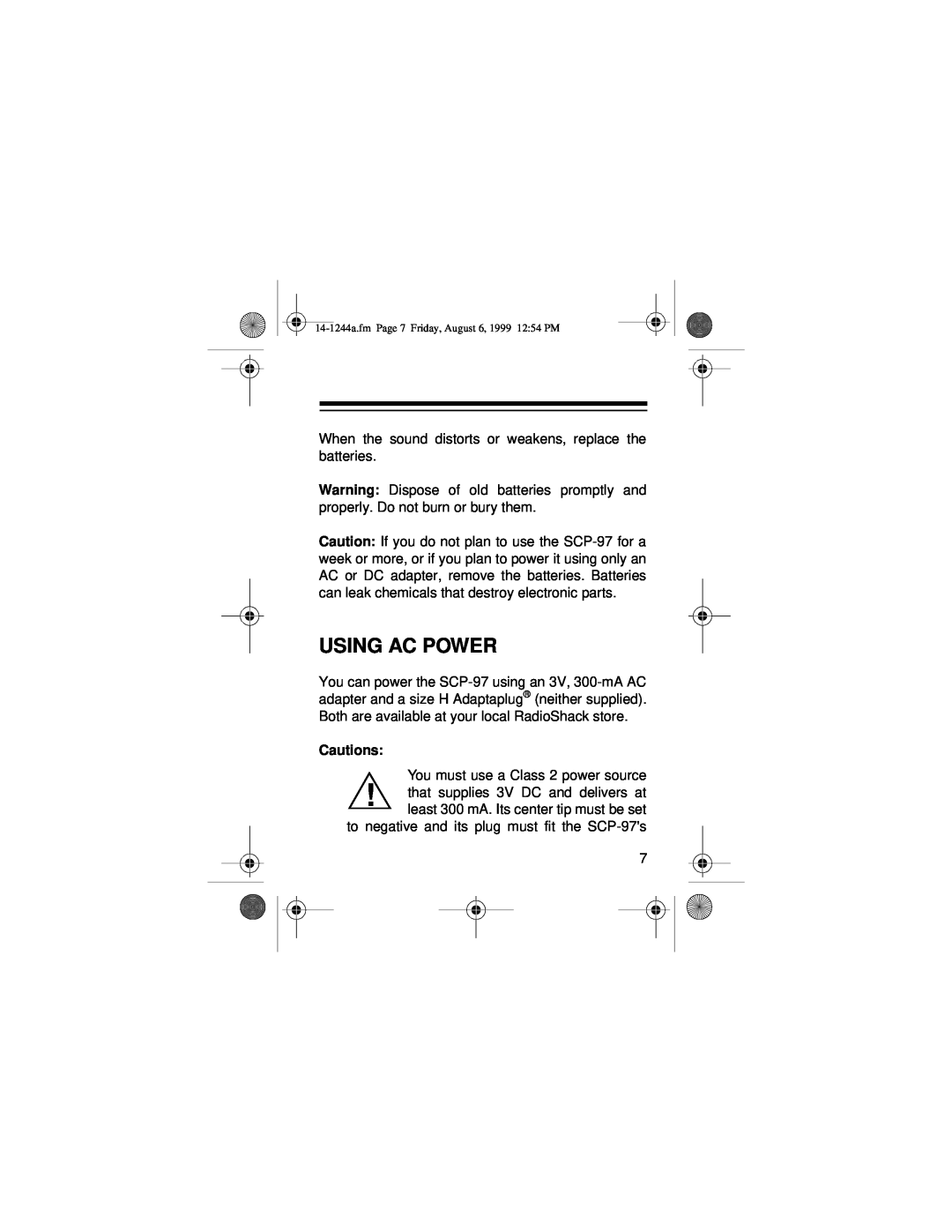 Optimus SCP-97 owner manual Using Ac Power, Cautions 