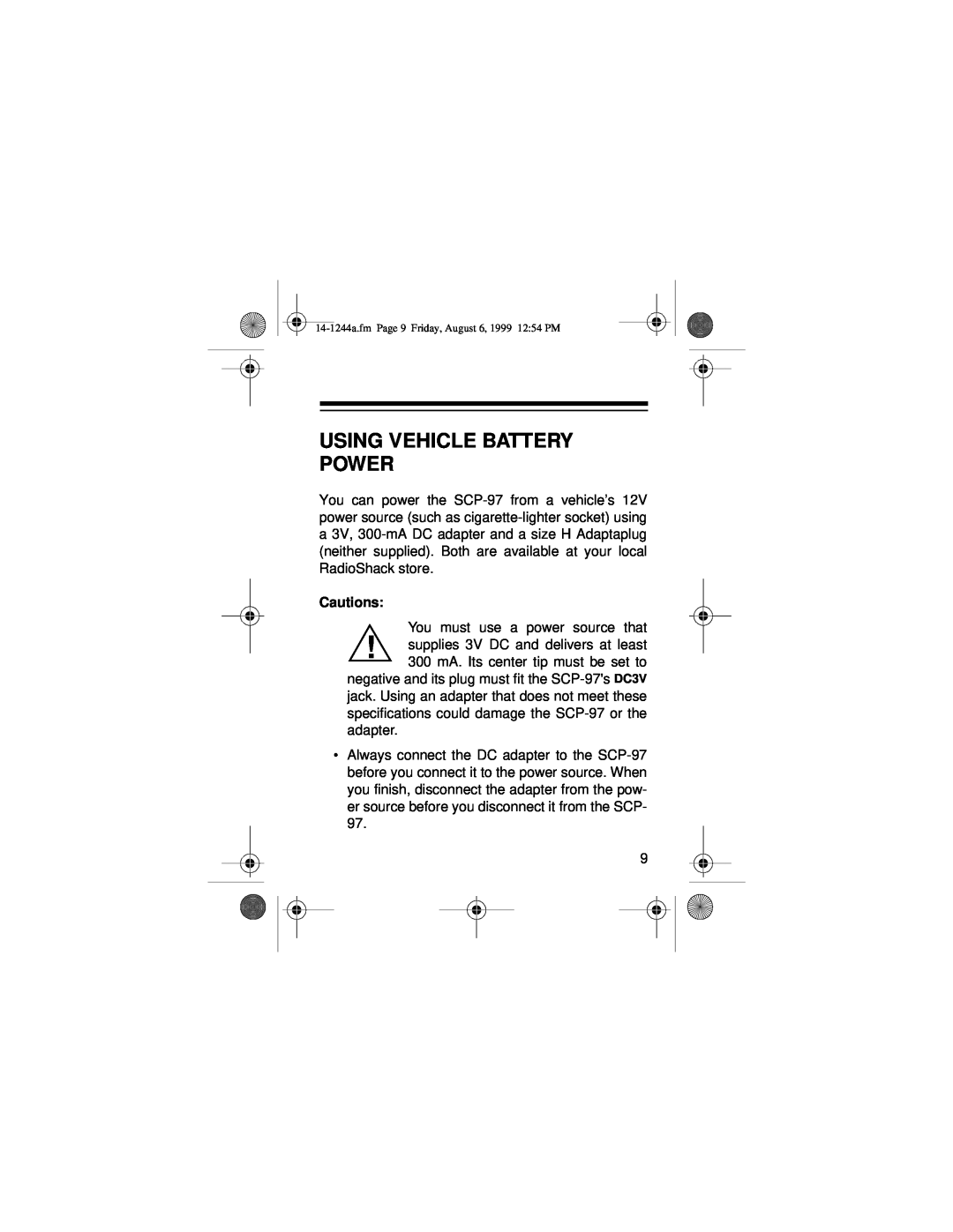 Optimus SCP-97 owner manual Using Vehicle Battery Power, Cautions 