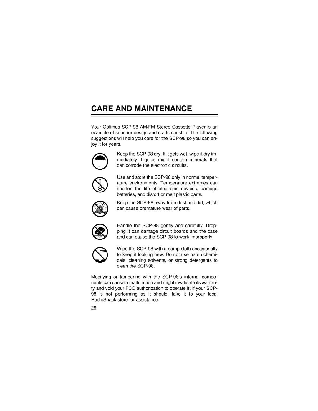 Optimus SCP-98 owner manual Care and Maintenance 