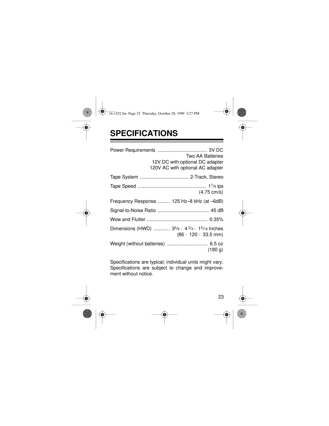 Optimus SCR-100 owner manual Specifications 