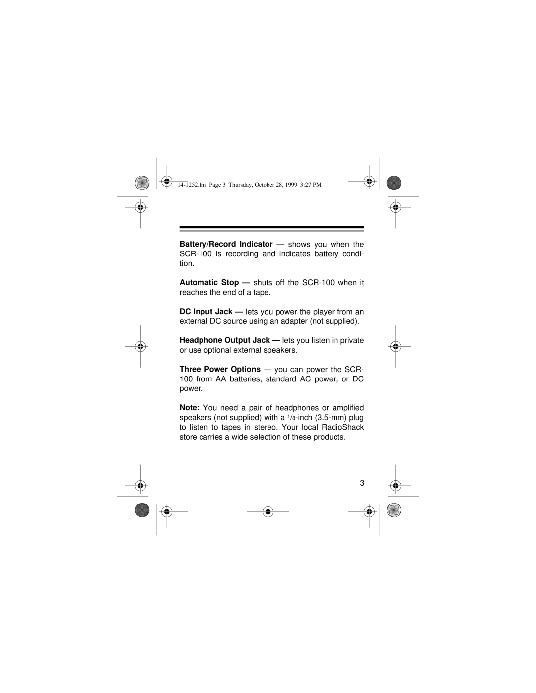 Optimus SCR-100 owner manual Fm Page 3 Thursday, October 28, 1999 327 PM 