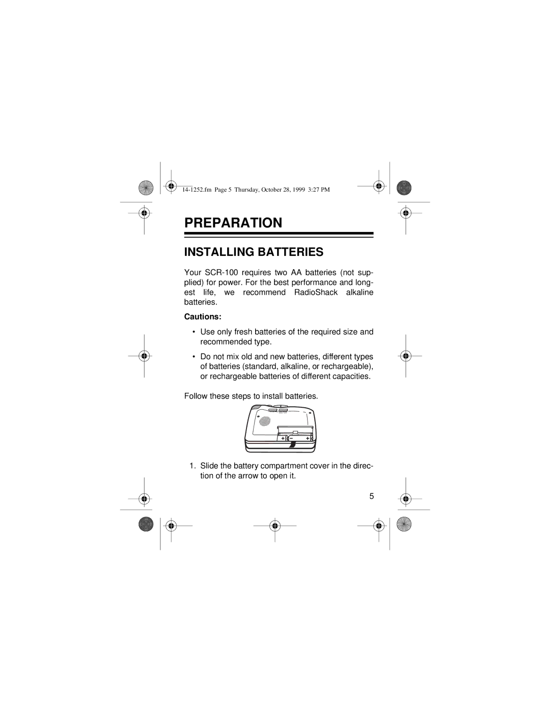 Optimus SCR-100 owner manual Preparation, Installing Batteries 