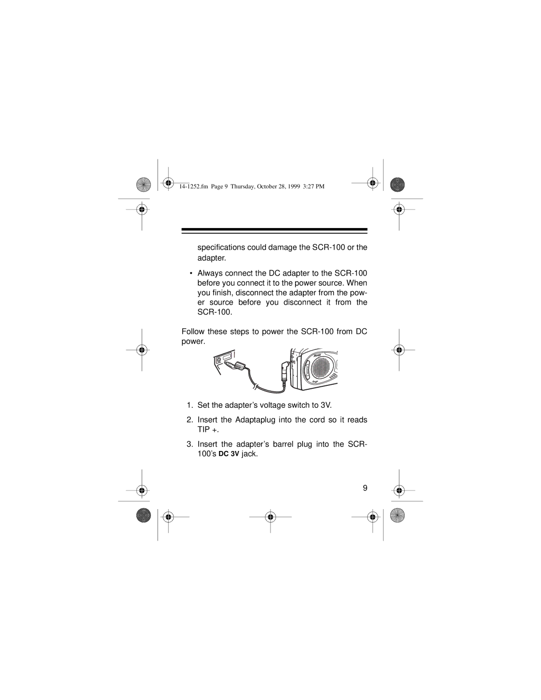 Optimus SCR-100 owner manual Fm Page 9 Thursday, October 28, 1999 327 PM 