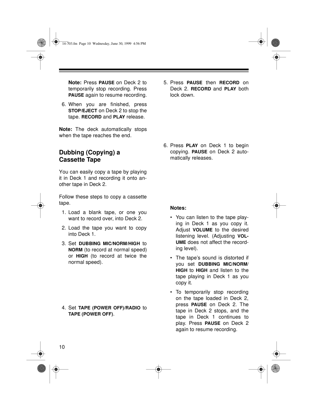 Optimus SCR-63 owner manual Dubbing Copying a Cassette Tape 