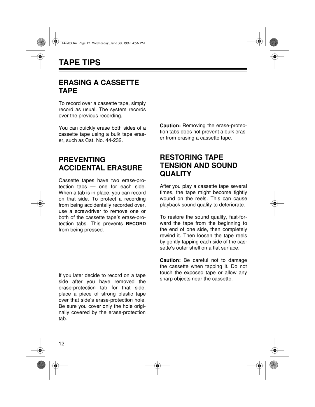 Optimus SCR-63 Tape Tips, Erasing a Cassette Tape, Preventing Accidental Erasure, Restoring Tape Tension and Sound Quality 