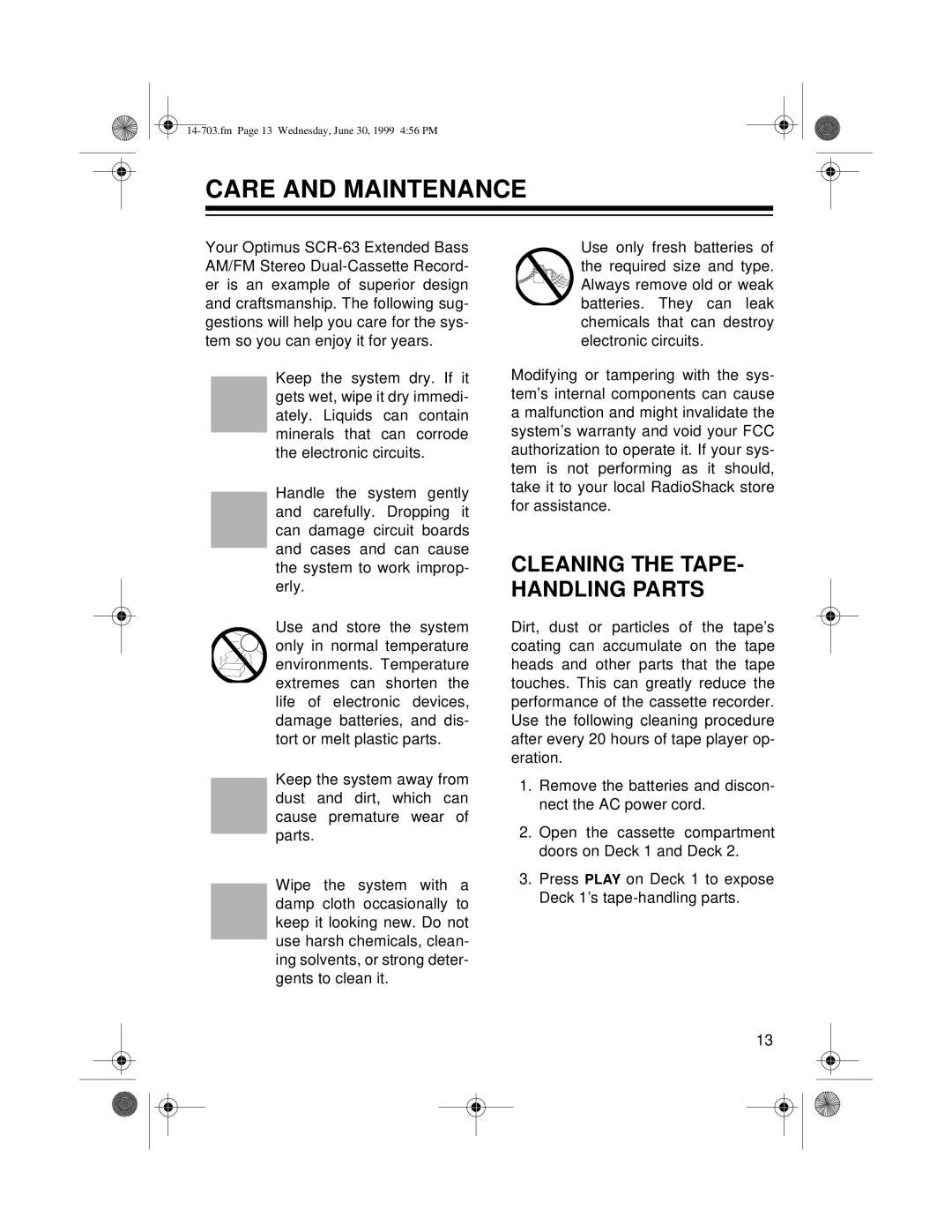 Optimus SCR-63 owner manual Care and Maintenance, Cleaning the TAPE- Handling Parts 