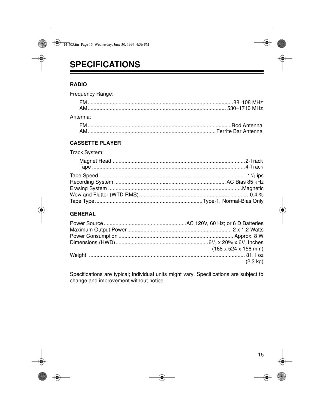 Optimus SCR-63 owner manual Specifications, Cassette Player 