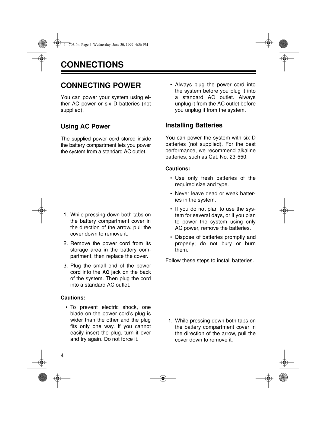 Optimus SCR-63 owner manual Connections, Connecting Power, Using AC Power, Installing Batteries 