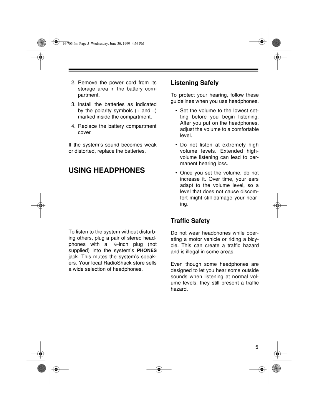 Optimus SCR-63 owner manual Using Headphones, Listening Safely, Traffic Safety 