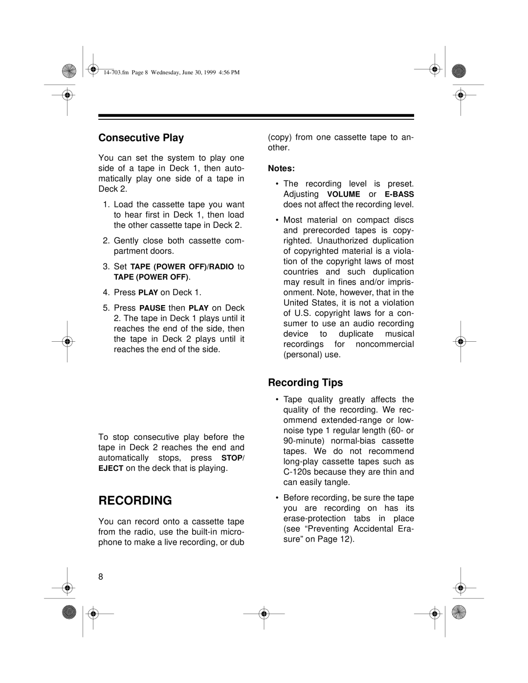 Optimus SCR-63 owner manual Consecutive Play, Recording Tips 