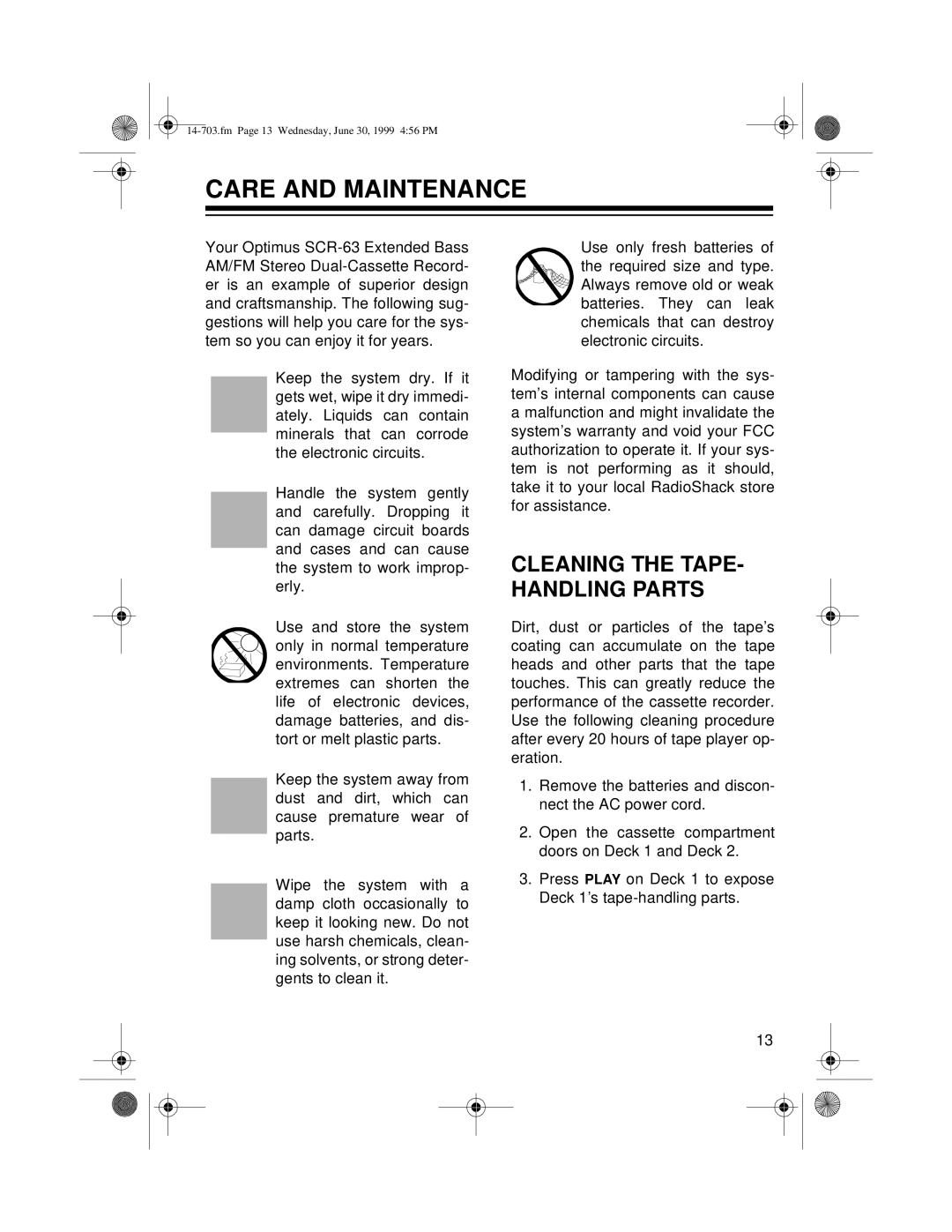 Optimus SCR-63 owner manual Care And Maintenance, Cleaning The Tape- Handling Parts 