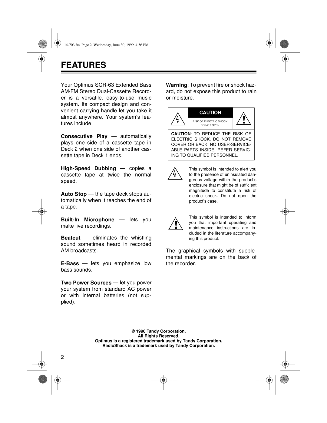 Optimus SCR-63 owner manual Features 