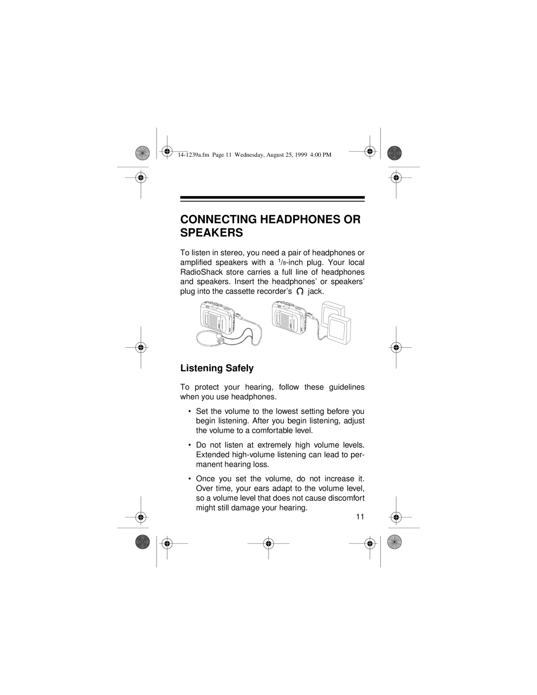 Optimus SCR-96 owner manual Connecting Headphones or Speakers, Listening Safely 