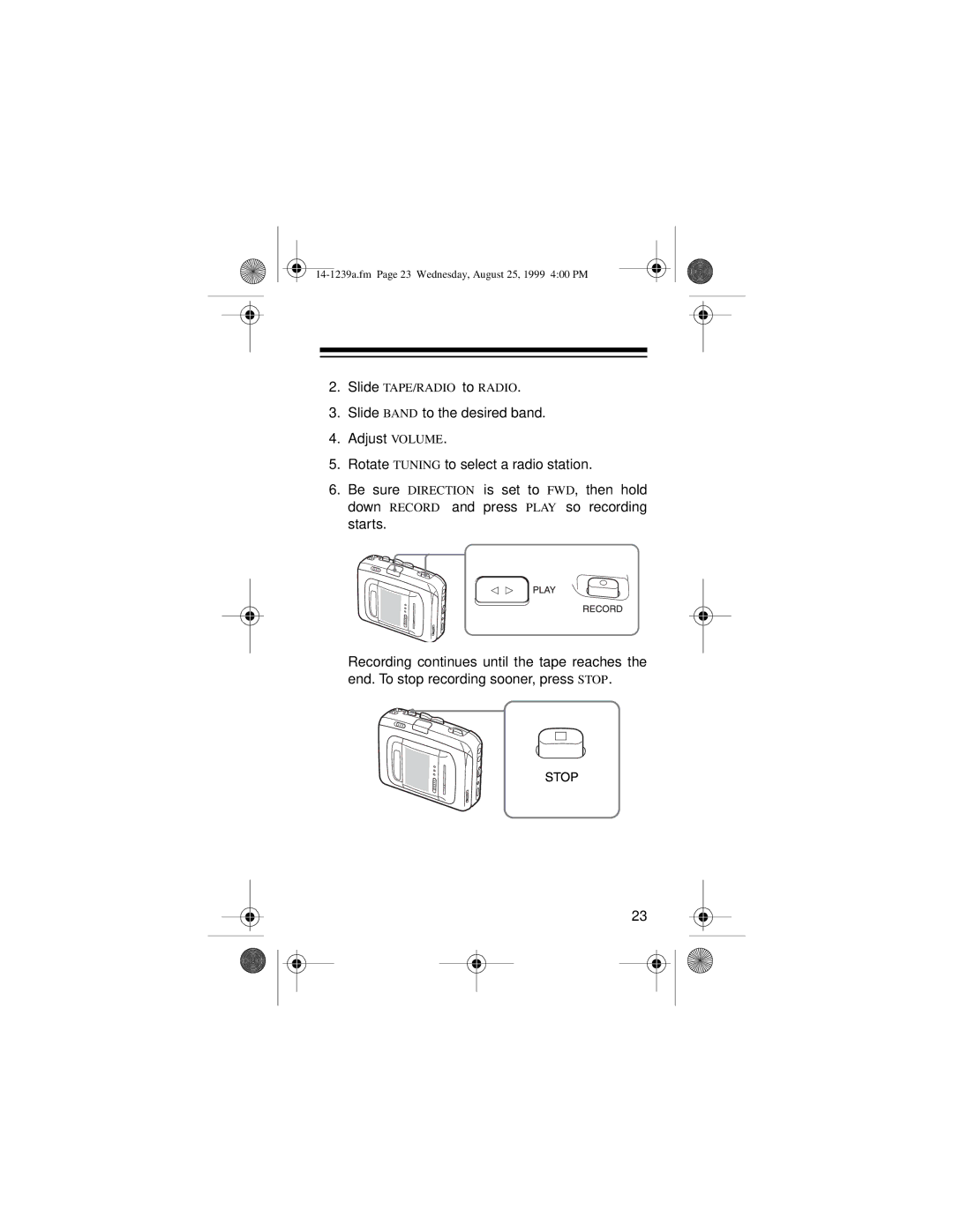 Optimus SCR-96 owner manual Slide TAPE/RADIO to Radio 