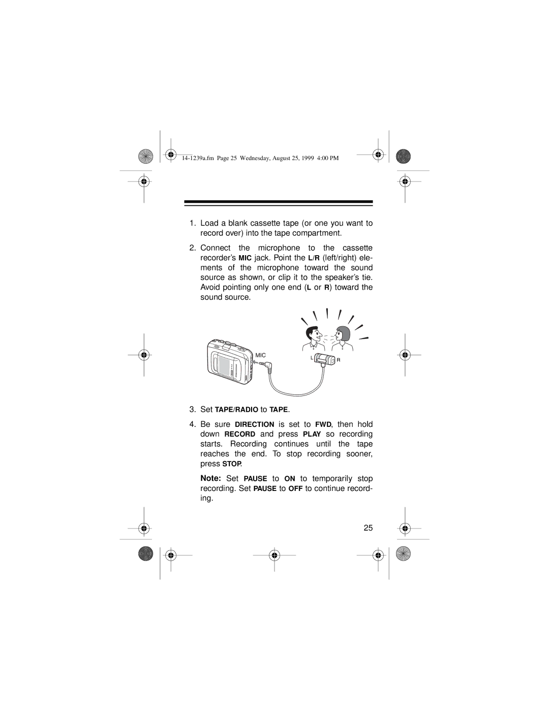 Optimus SCR-96 owner manual Set TAPE/RADIO to Tape 