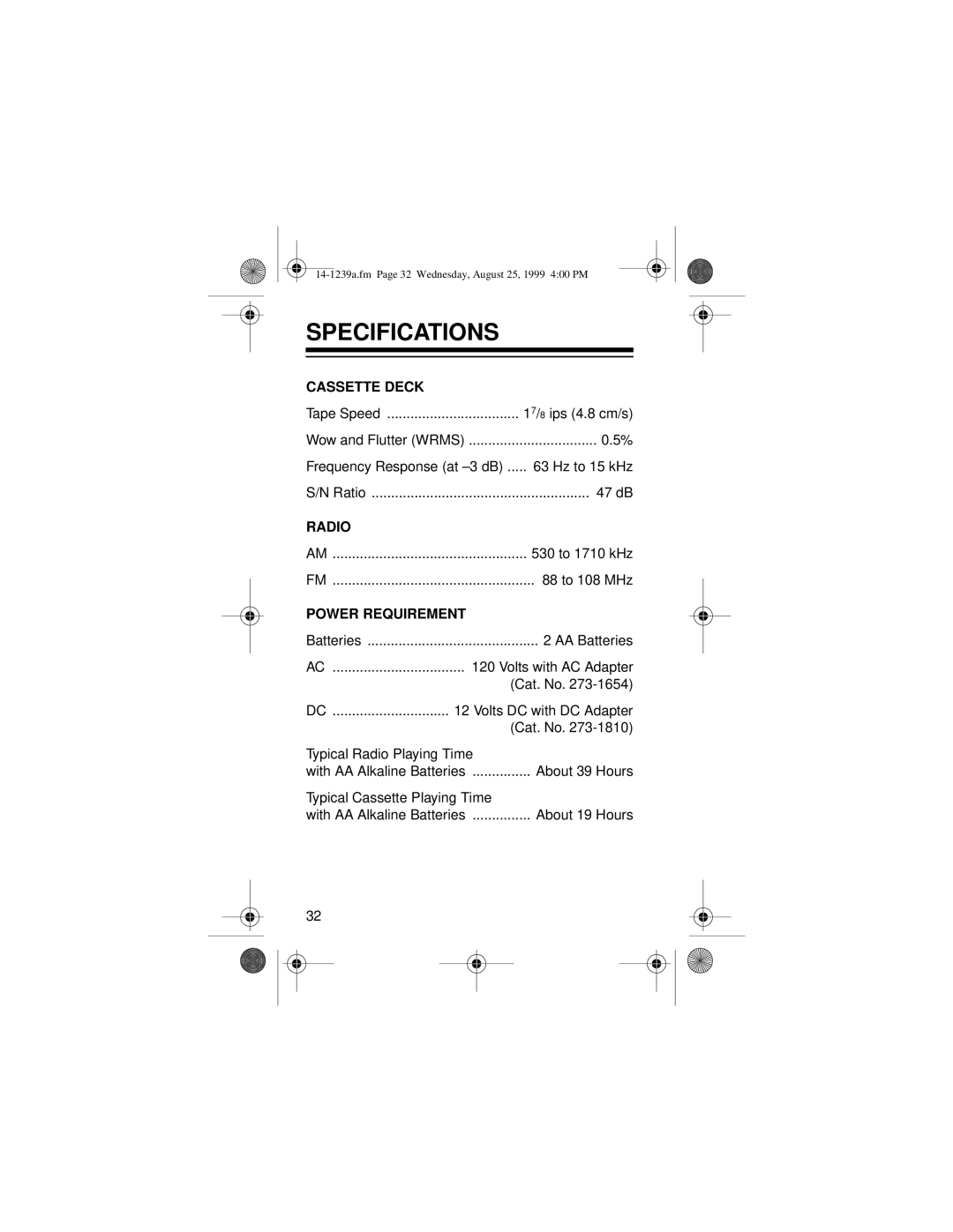 Optimus SCR-96 owner manual Specifications, Cassette Deck 