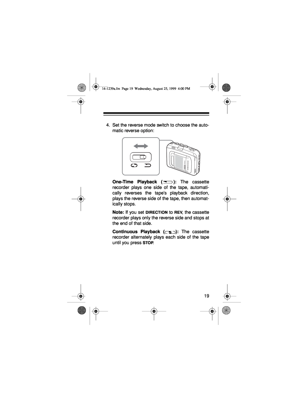 Optimus SCR-96 owner manual Set the reverse mode switch to choose the auto- matic reverse option 