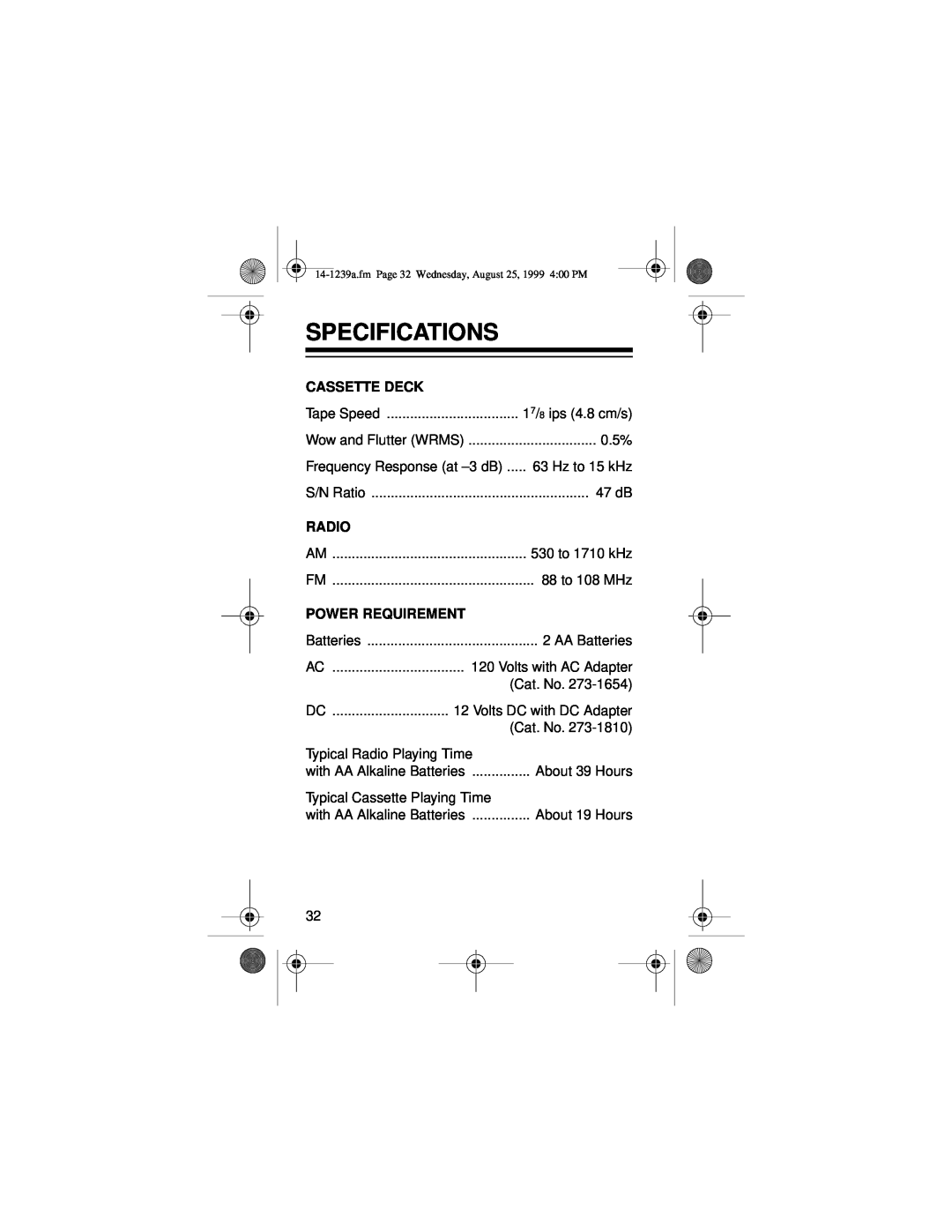 Optimus SCR-96 owner manual Specifications, Cassette Deck, Radio, Power Requirement 
