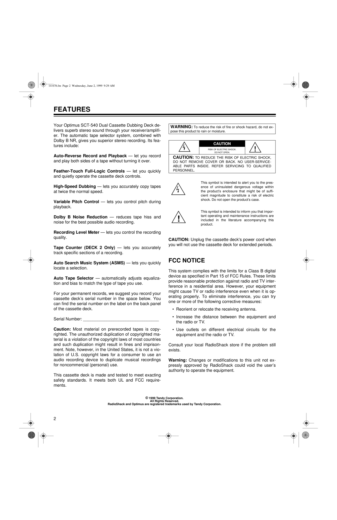 Optimus SCT-540 owner manual Features, FCC Notice 