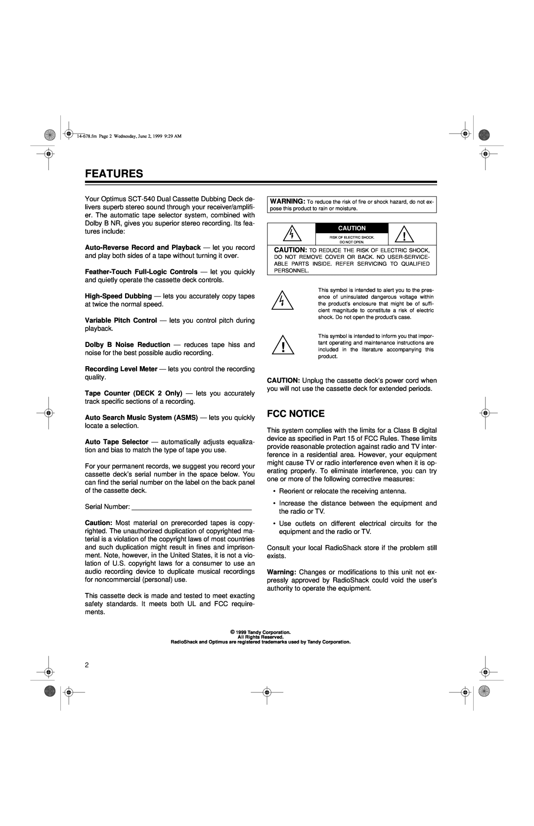 Optimus SCT-540 owner manual Features, Fcc Notice 