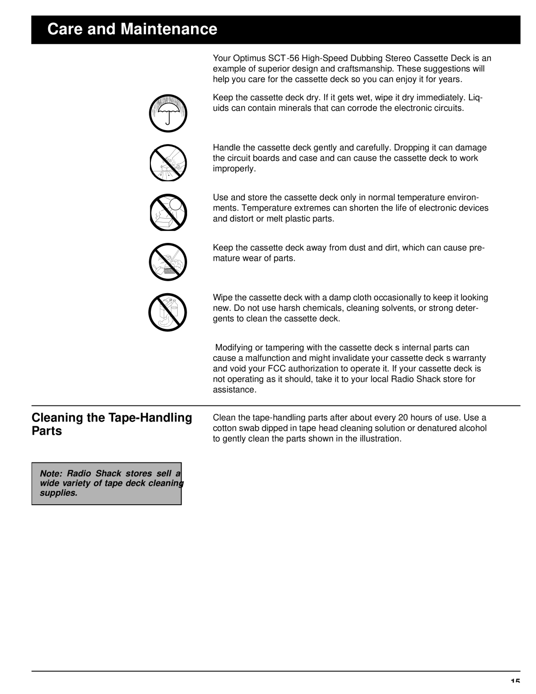 Optimus SCT-56 owner manual Care and Maintenance, Cleaning the Tape-Handling Parts 