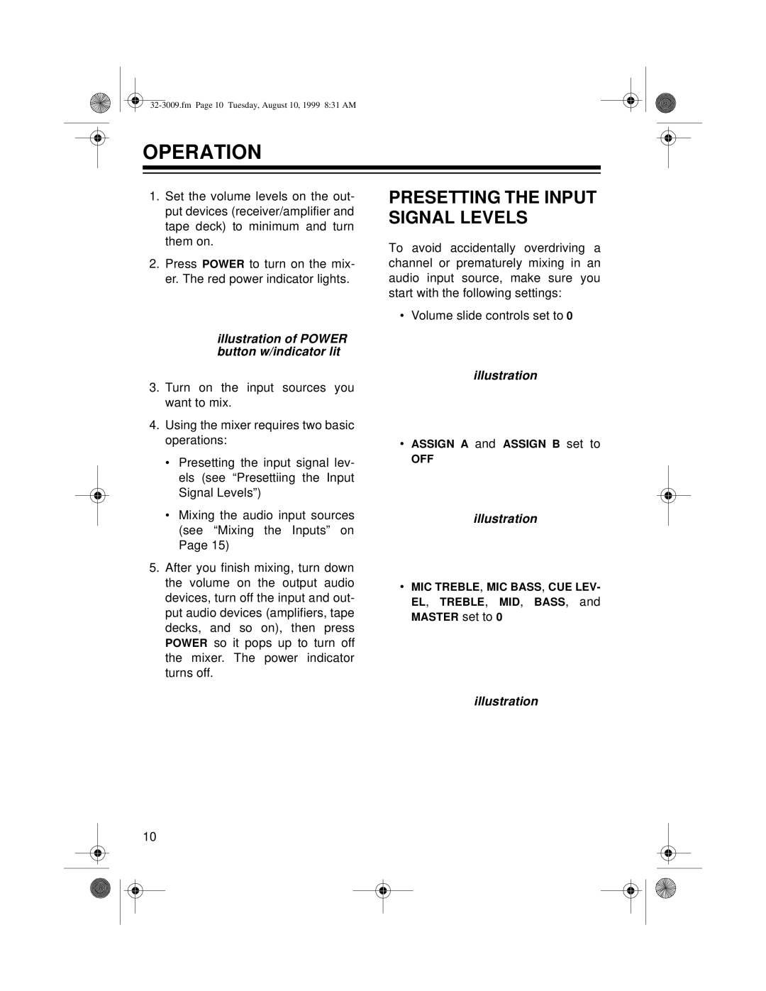 Optimus SSM-1250, 32-3009 Operation, Presetting the Input Signal Levels, Illustration of Power button w/indicator lit 