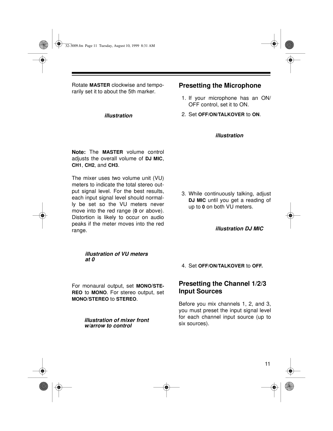 Optimus 32-3009 Presetting the Microphone, Presetting the Channel 1/2/3 Input Sources, Illustration of VU meters at 