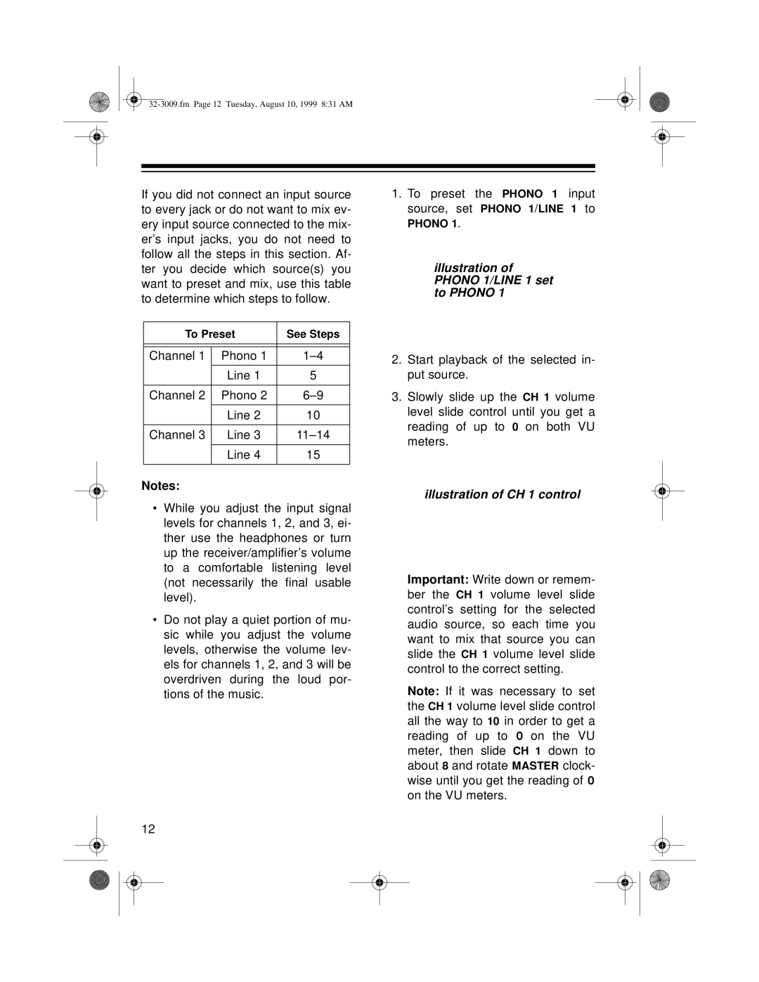 Optimus SSM-1250, 32-3009 owner manual Illustration of Phono 1/LINE 1 set to Phono, Illustration of CH 1 control 