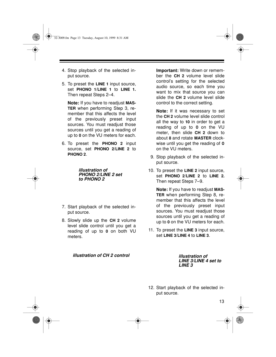 Optimus 32-3009, SSM-1250 owner manual Illustration of Phono 2/LINE 2 set to Phono, Illustration of CH 2 control 