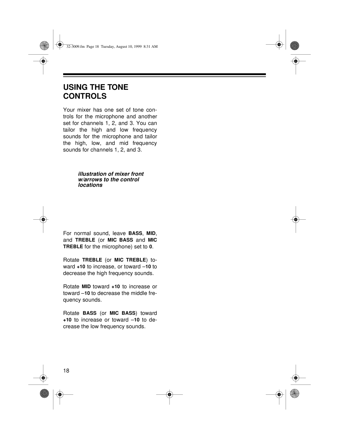 Optimus SSM-1250, 32-3009 owner manual Using the Tone Controls 