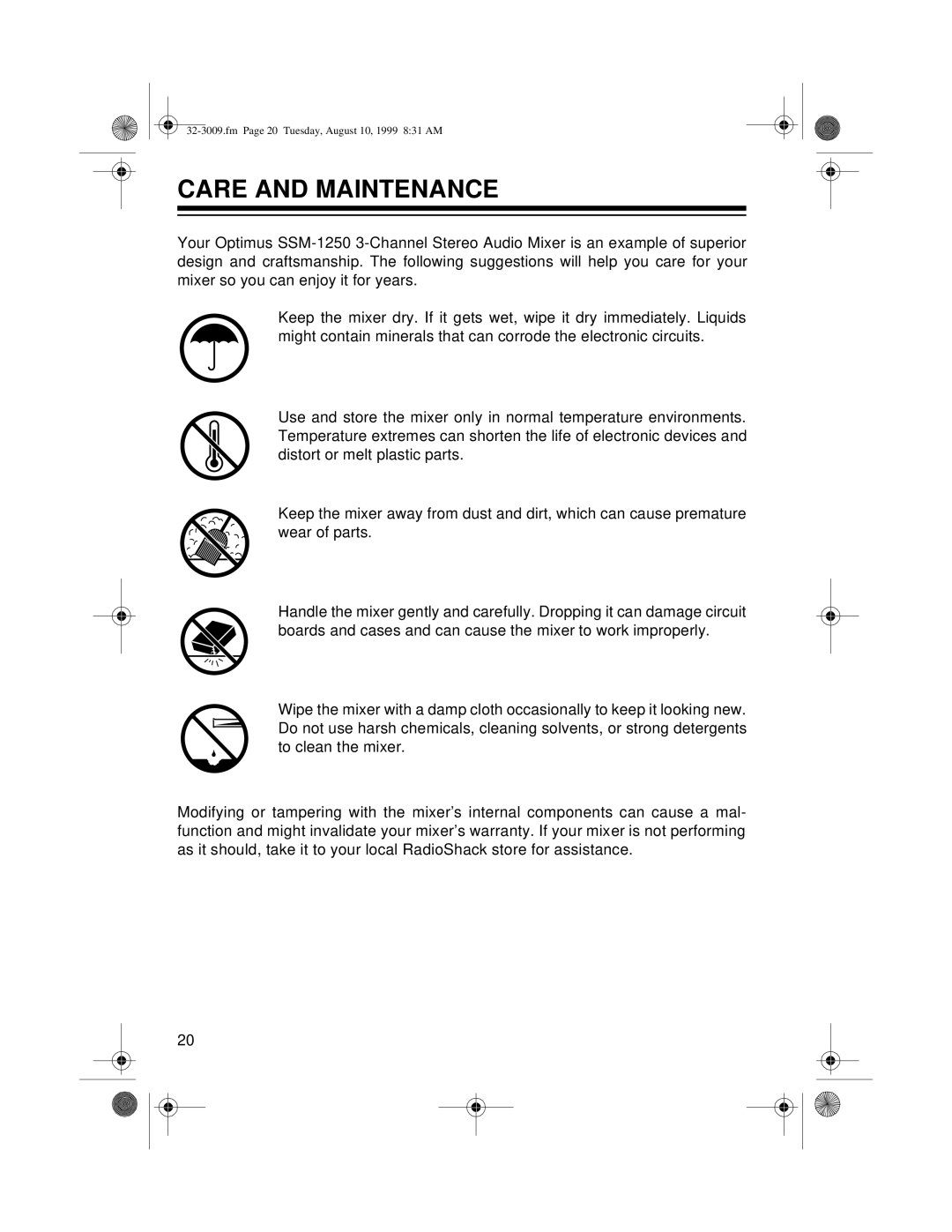 Optimus SSM-1250, 32-3009 owner manual Care and Maintenance 