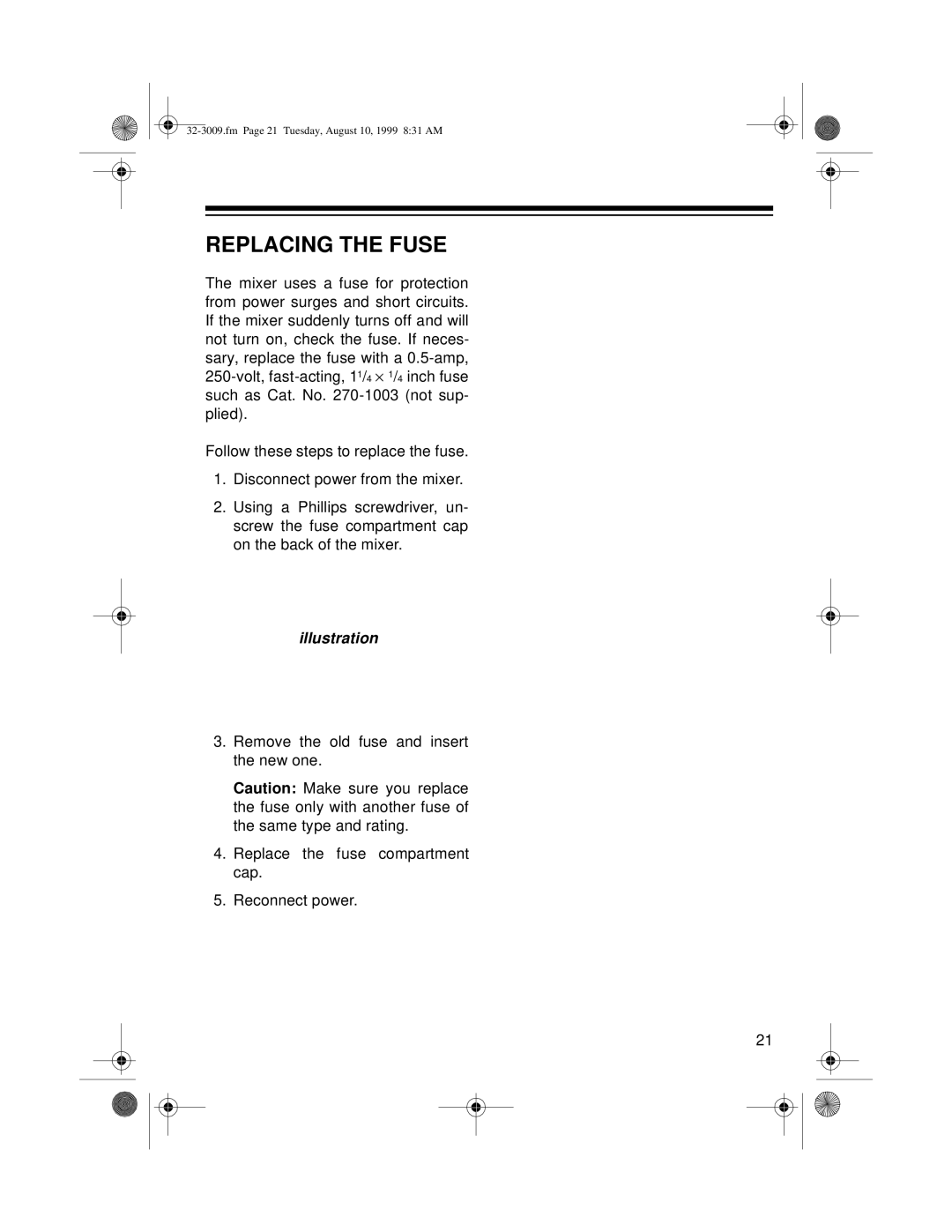 Optimus 32-3009, SSM-1250 owner manual Replacing the Fuse, Illustration 