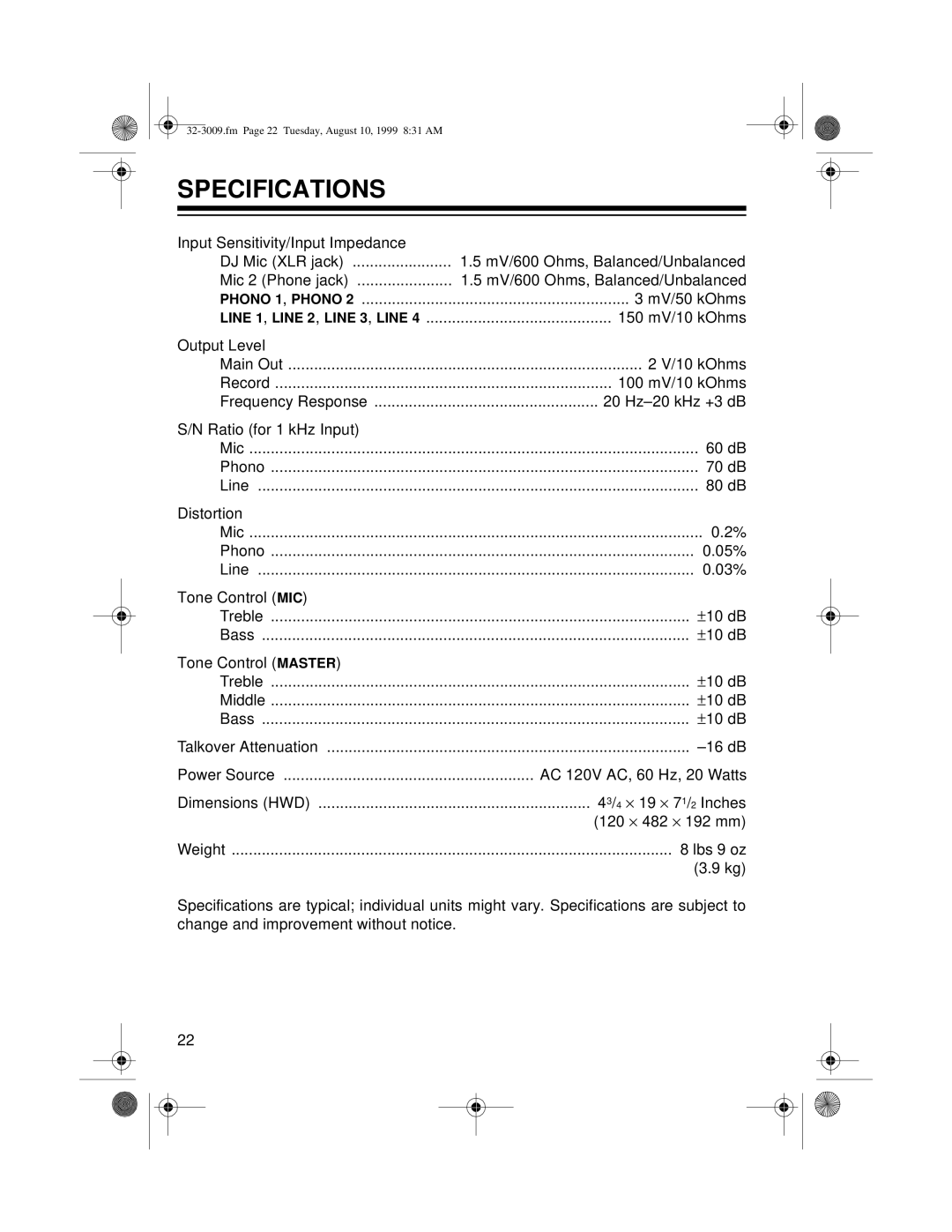 Optimus SSM-1250, 32-3009 owner manual Specifications, 03% 