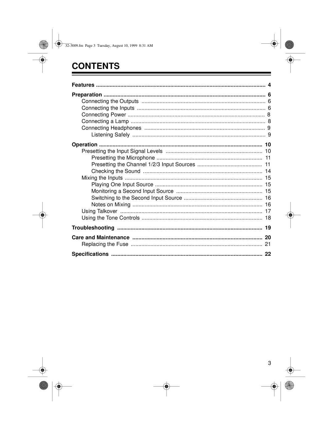 Optimus 32-3009, SSM-1250 owner manual Contents 