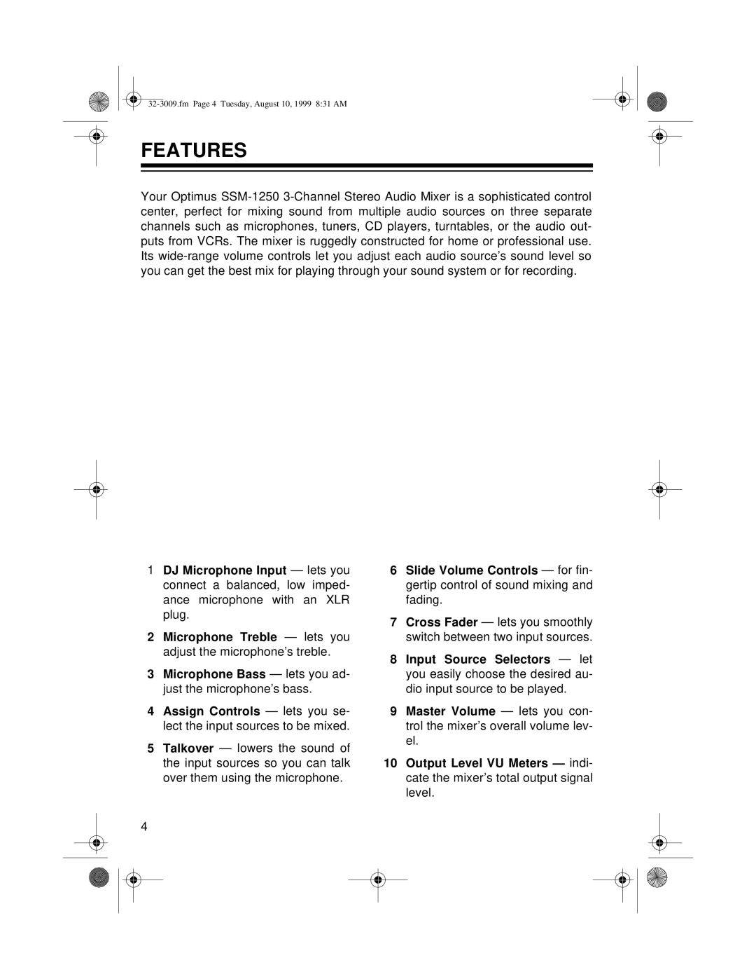 Optimus SSM-1250, 32-3009 owner manual Features 