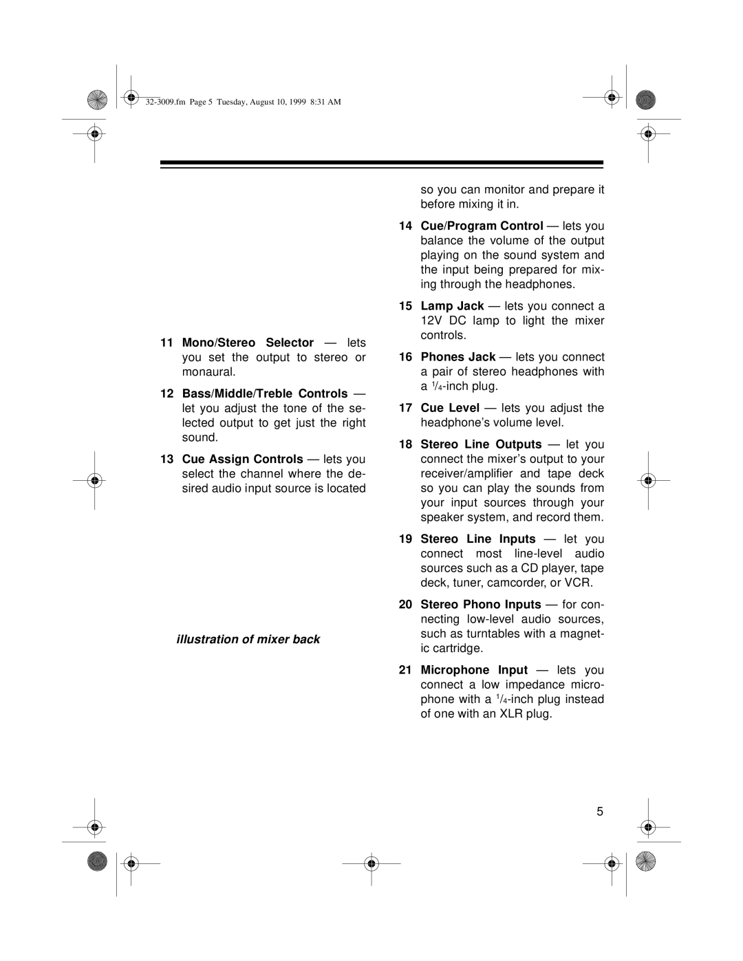 Optimus 32-3009, SSM-1250 owner manual Illustration of mixer back 