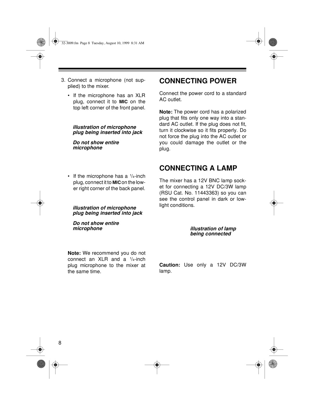 Optimus SSM-1250, 32-3009 owner manual Connecting Power, Connecting a Lamp, Illustration of lamp being connected 