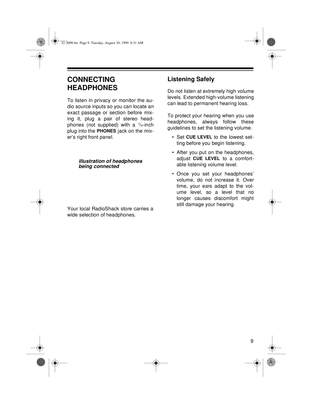 Optimus 32-3009, SSM-1250 owner manual Connecting Headphones, Listening Safely, Illustration of headphones being connected 